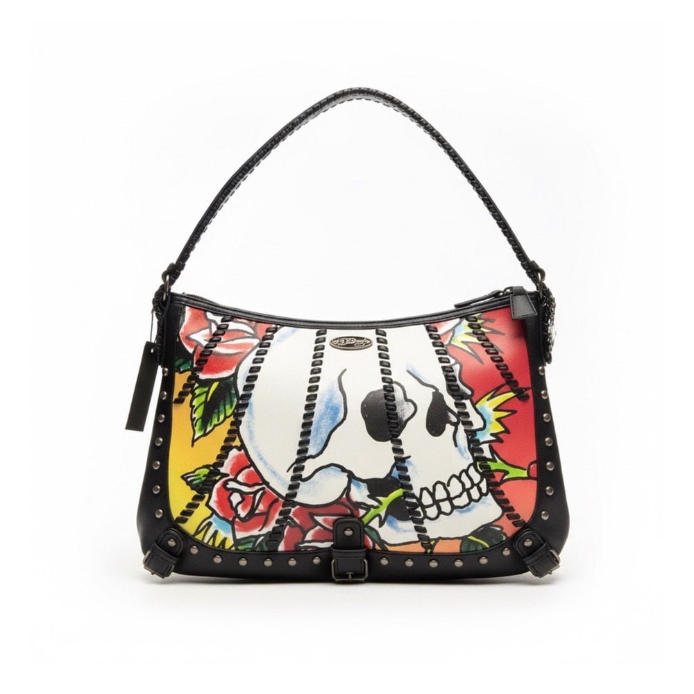 NWT Ed Hardy Black Hobo Shoulder Bag Tote Purse Y2K Charms Skull Rose Studded